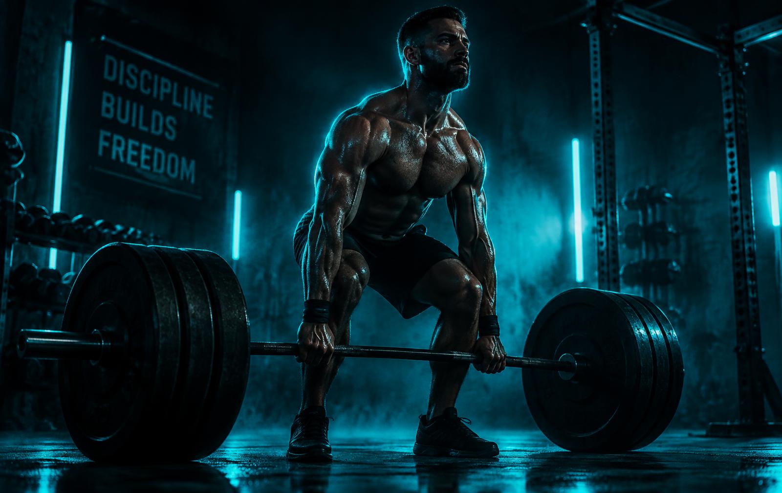 Athlete lifting heavy barbell in a neon-lit gym